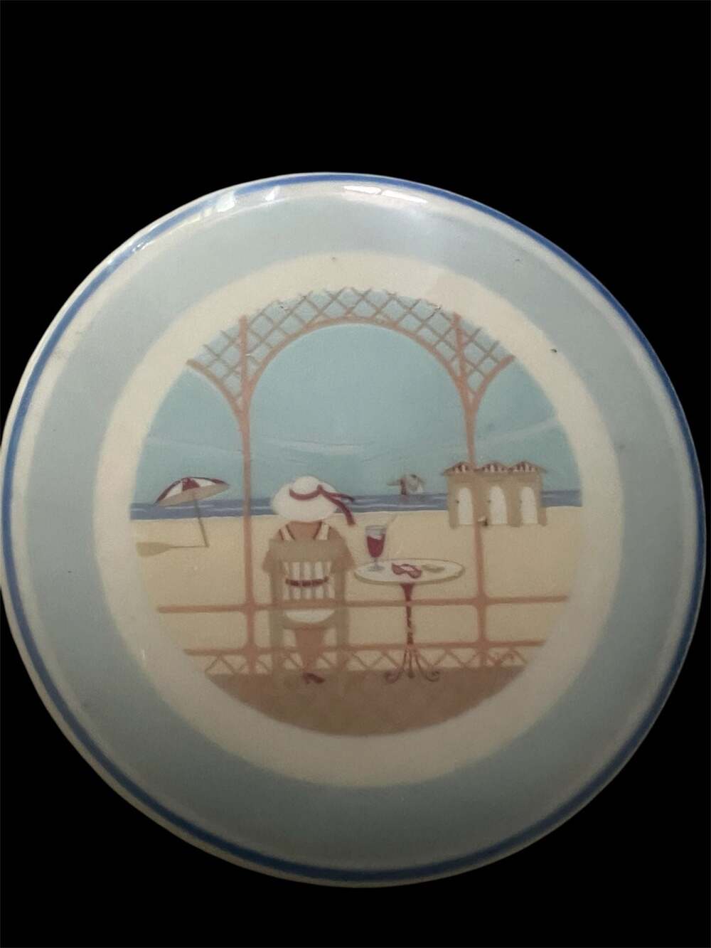 Limoges France Porcelain Trinket Box - Vintage Beach Scene with Woman in Hat